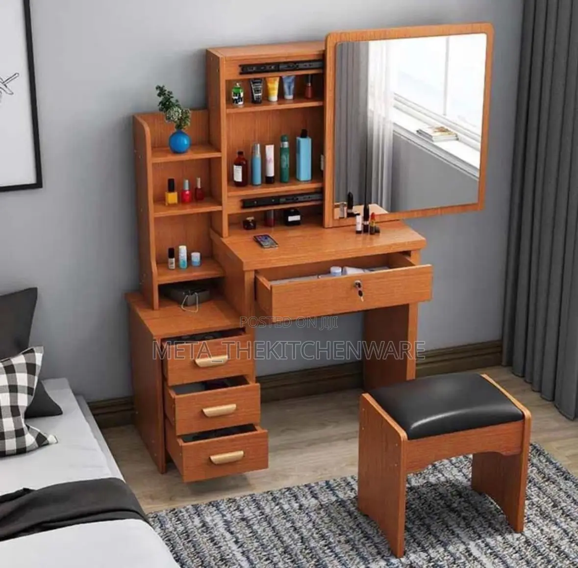 Dressing Table With 4 Drawers, Storage Rack and Padded Stool