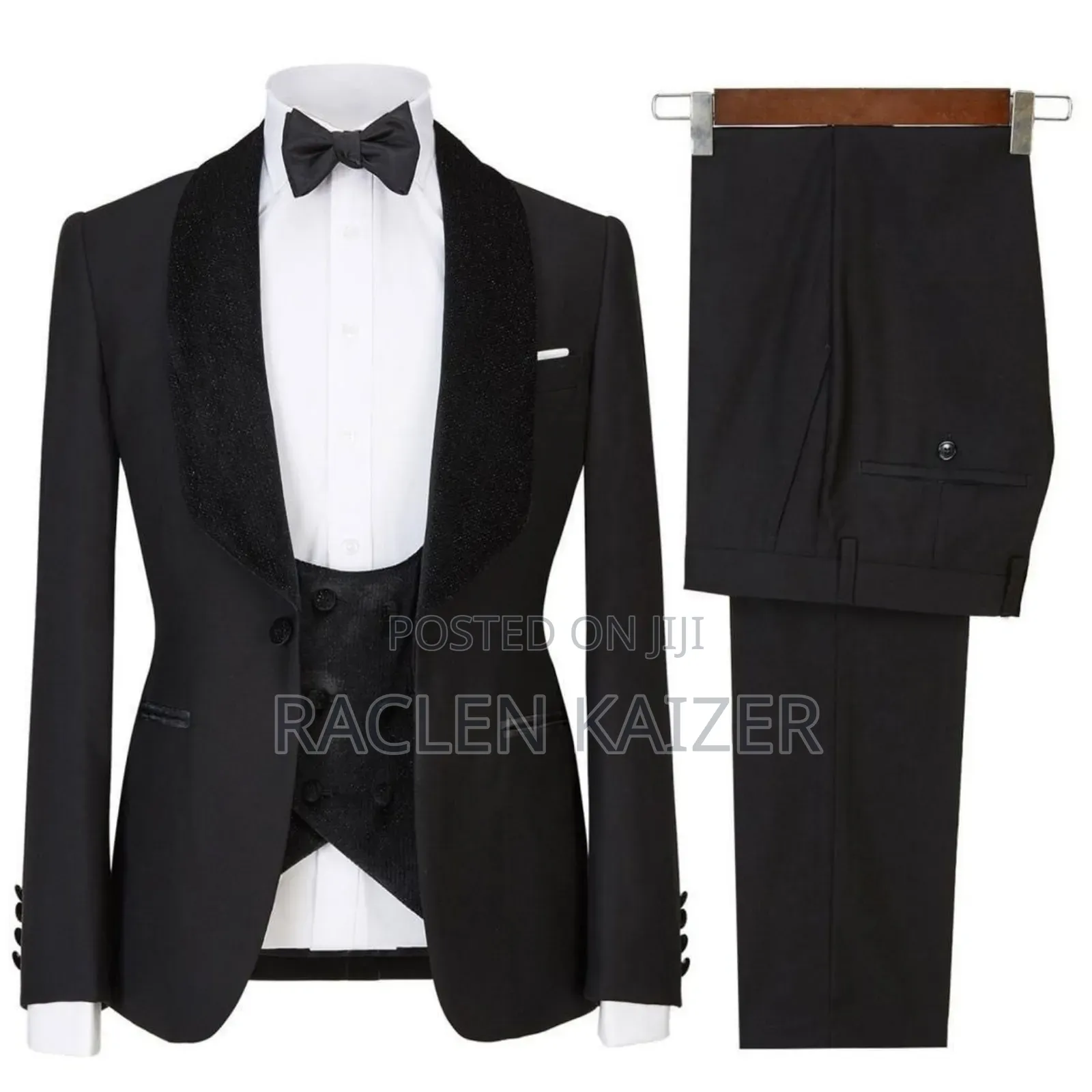 Three-Piece Tuxedo Suits, Featuring a Black Jacket With Satin Lapels