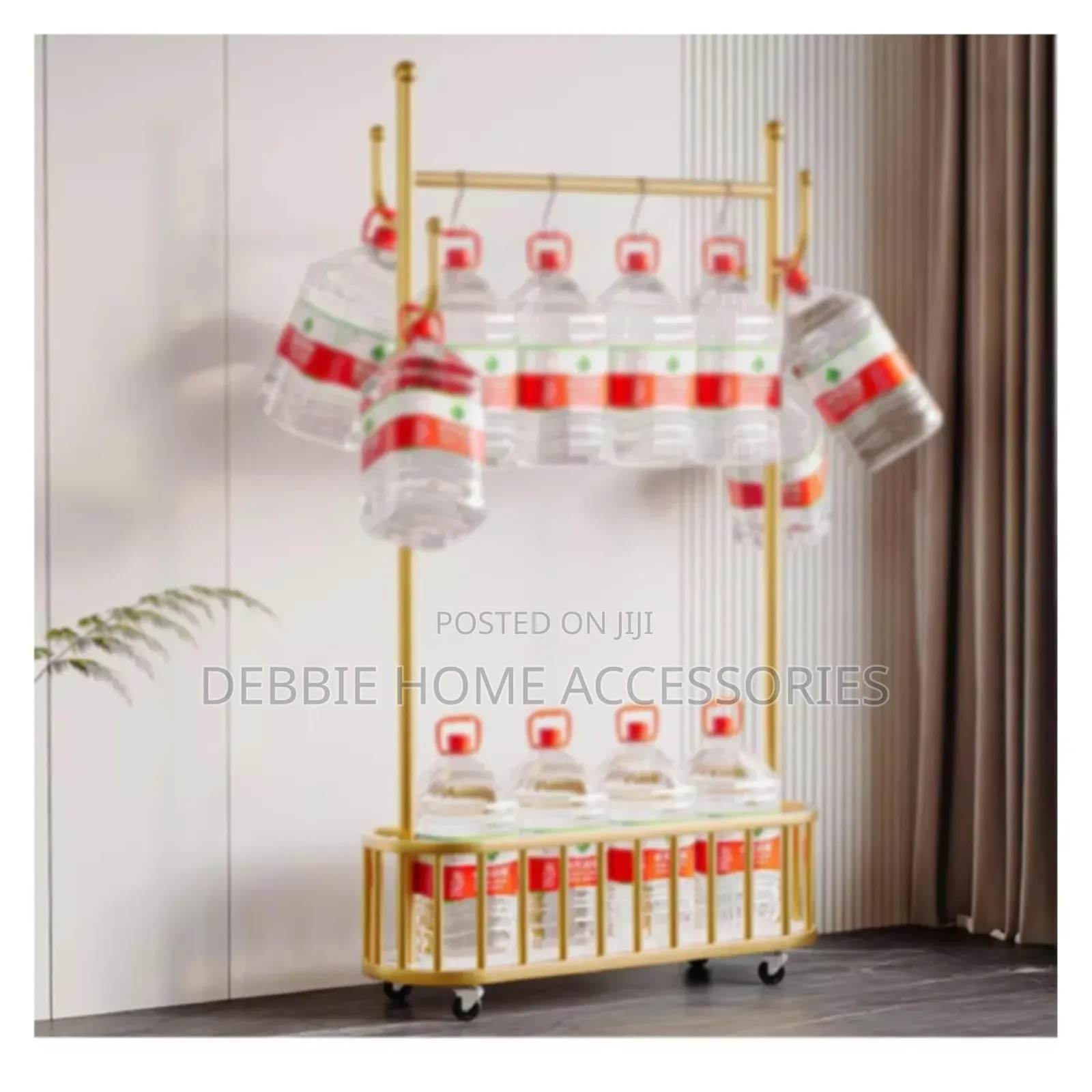 Golden Clothes Rack With a Hanging Rail, Hooks, and a Bottom Storage