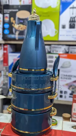 Original a Hot Pot Set With a Thermos, a Blue and Gold Design.