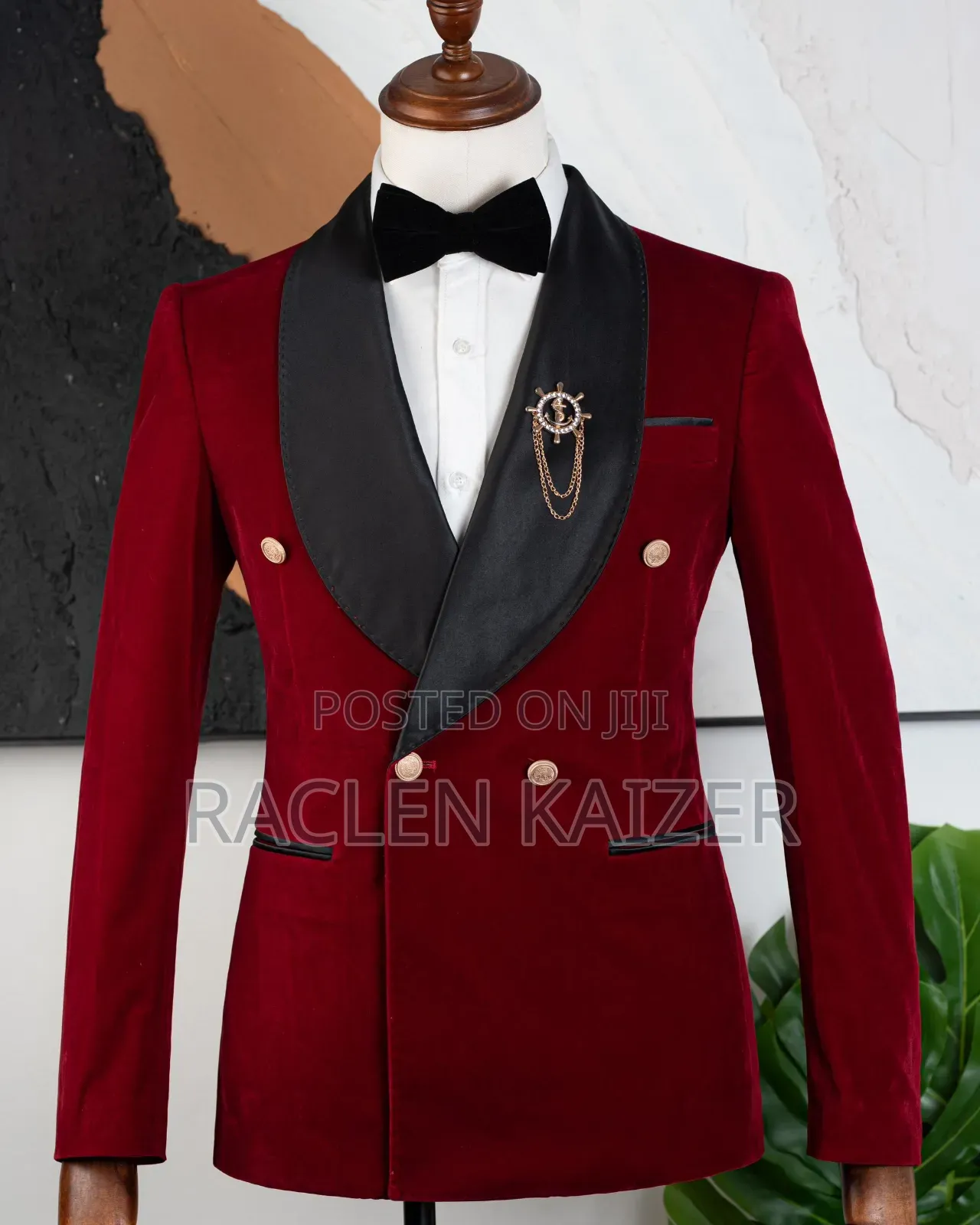 A Double-Breasted Tuxedo Suit in a Rich Burgundy Color