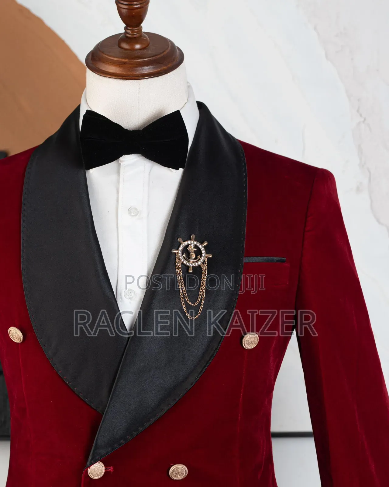 A Double-Breasted Tuxedo Suit in a Rich Burgundy Color