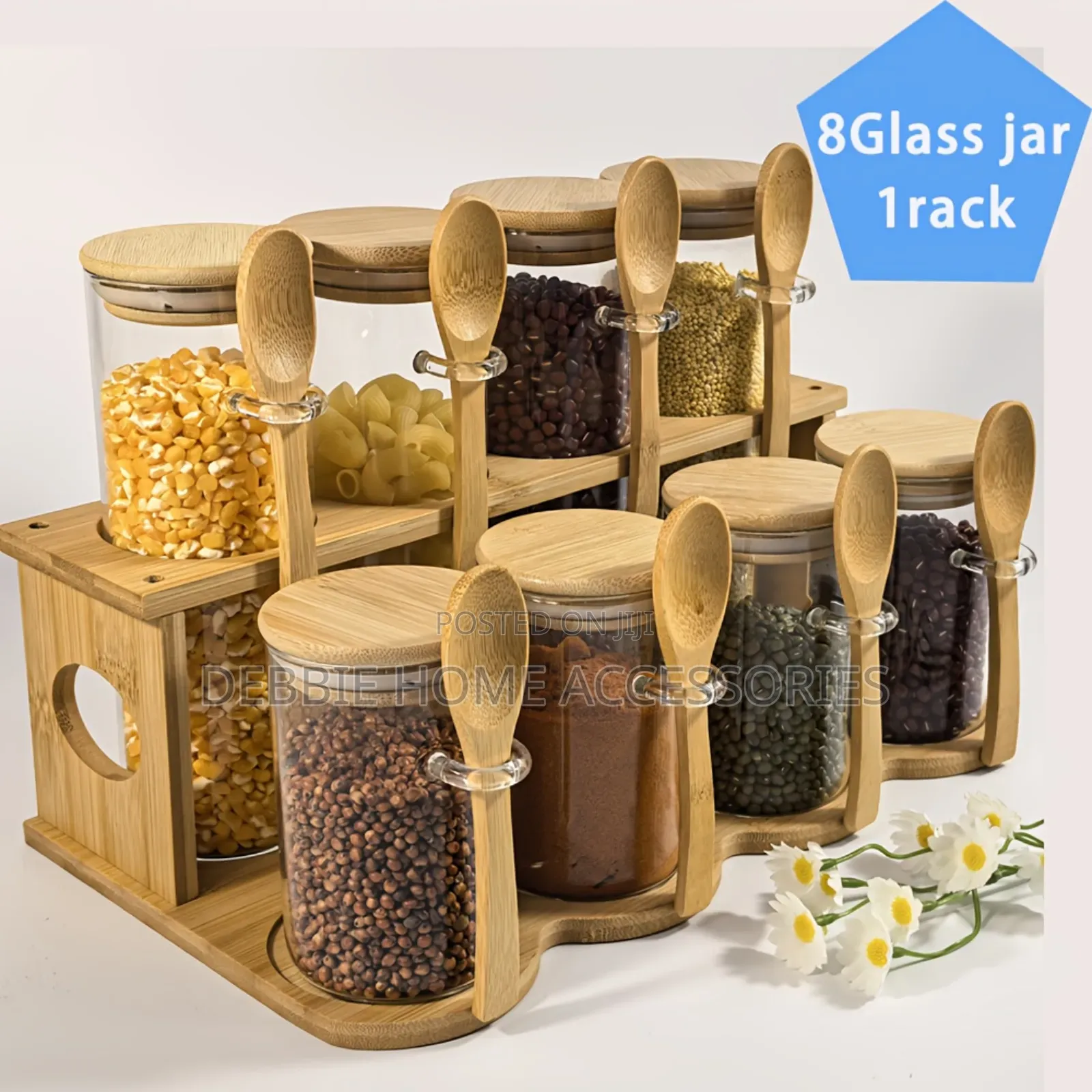 Glass Storage Jar With Bamboo Lid And Wooden Rack -8jars