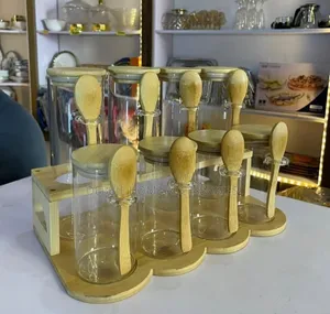 Glass Storage Jar With Bamboo Lid And Wooden Rack -8jars