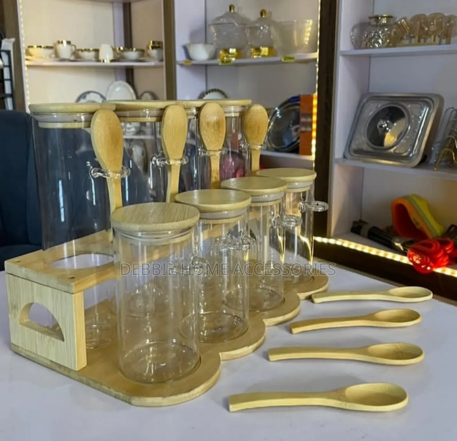 Glass Storage Jar With Bamboo Lid And Wooden Rack -8jars