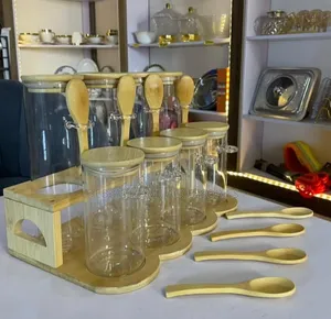 Glass Storage Jar With Bamboo Lid And Wooden Rack -8jars