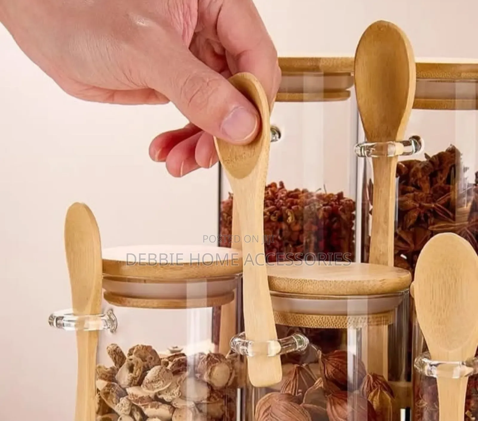 Glass Storage Jar With Bamboo Lid And Wooden Rack -8jars