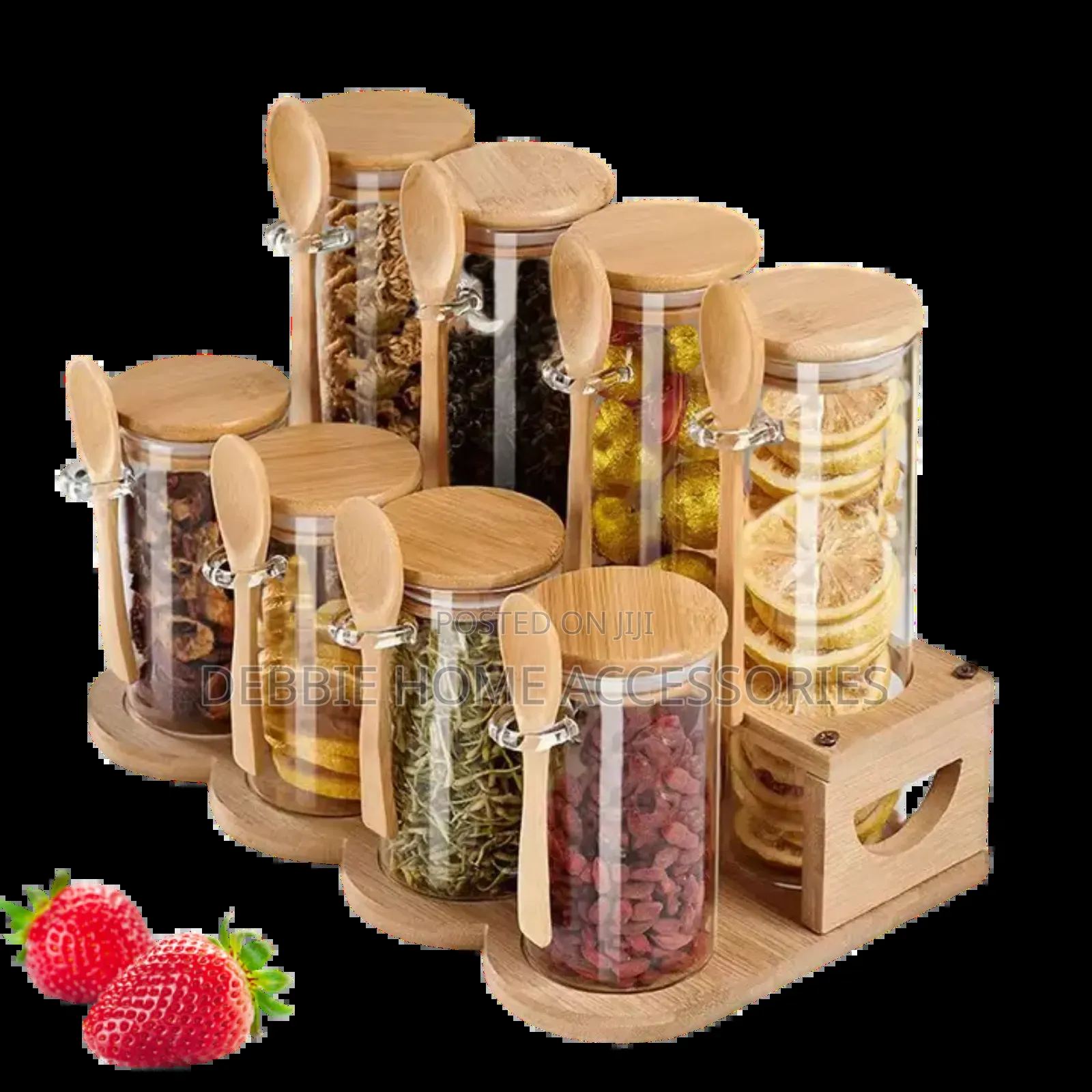Glass Storage Jar With Bamboo Lid And Wooden Rack -8jars