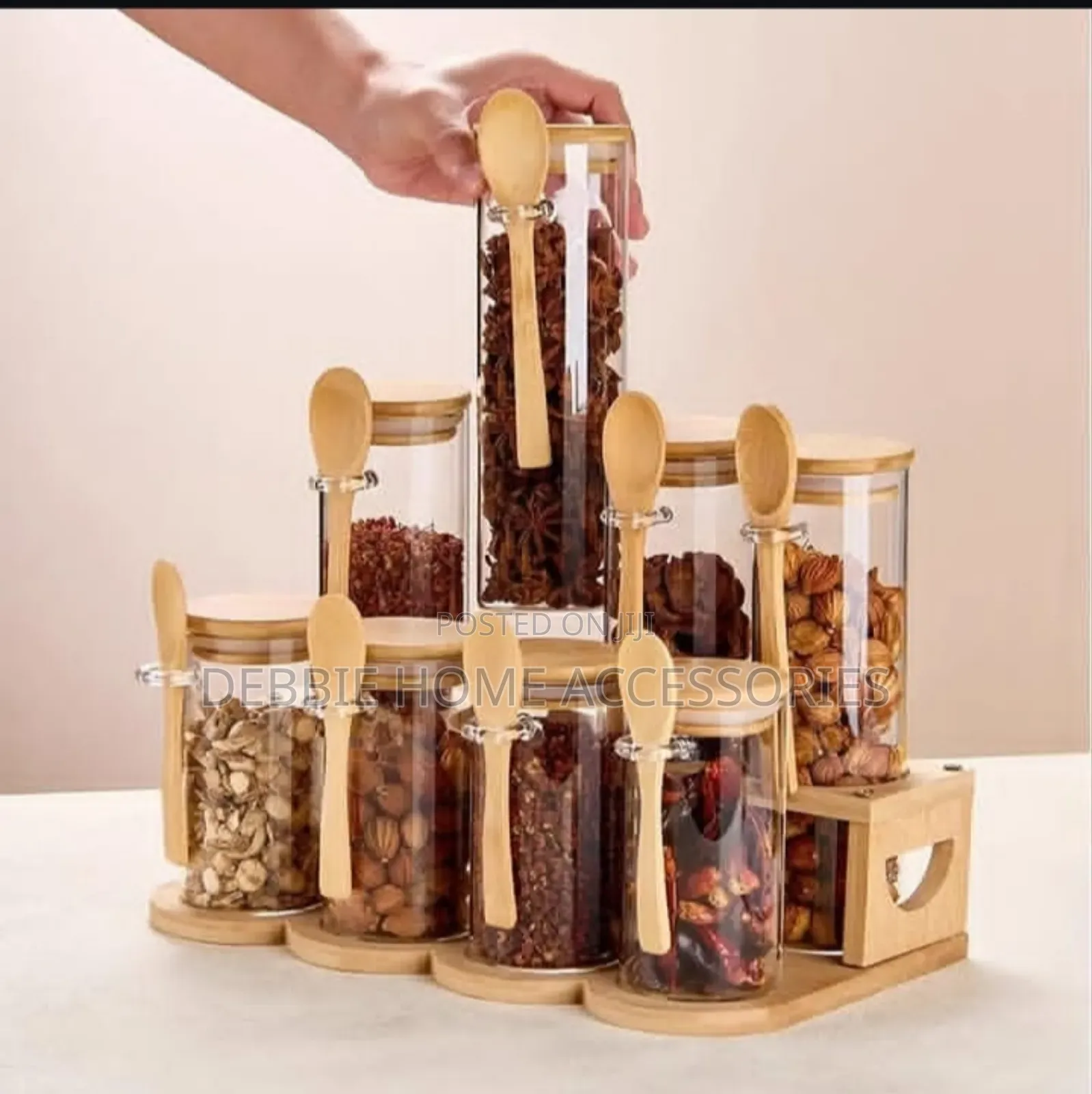Glass Storage Jar With Bamboo Lid And Wooden Rack -8jars