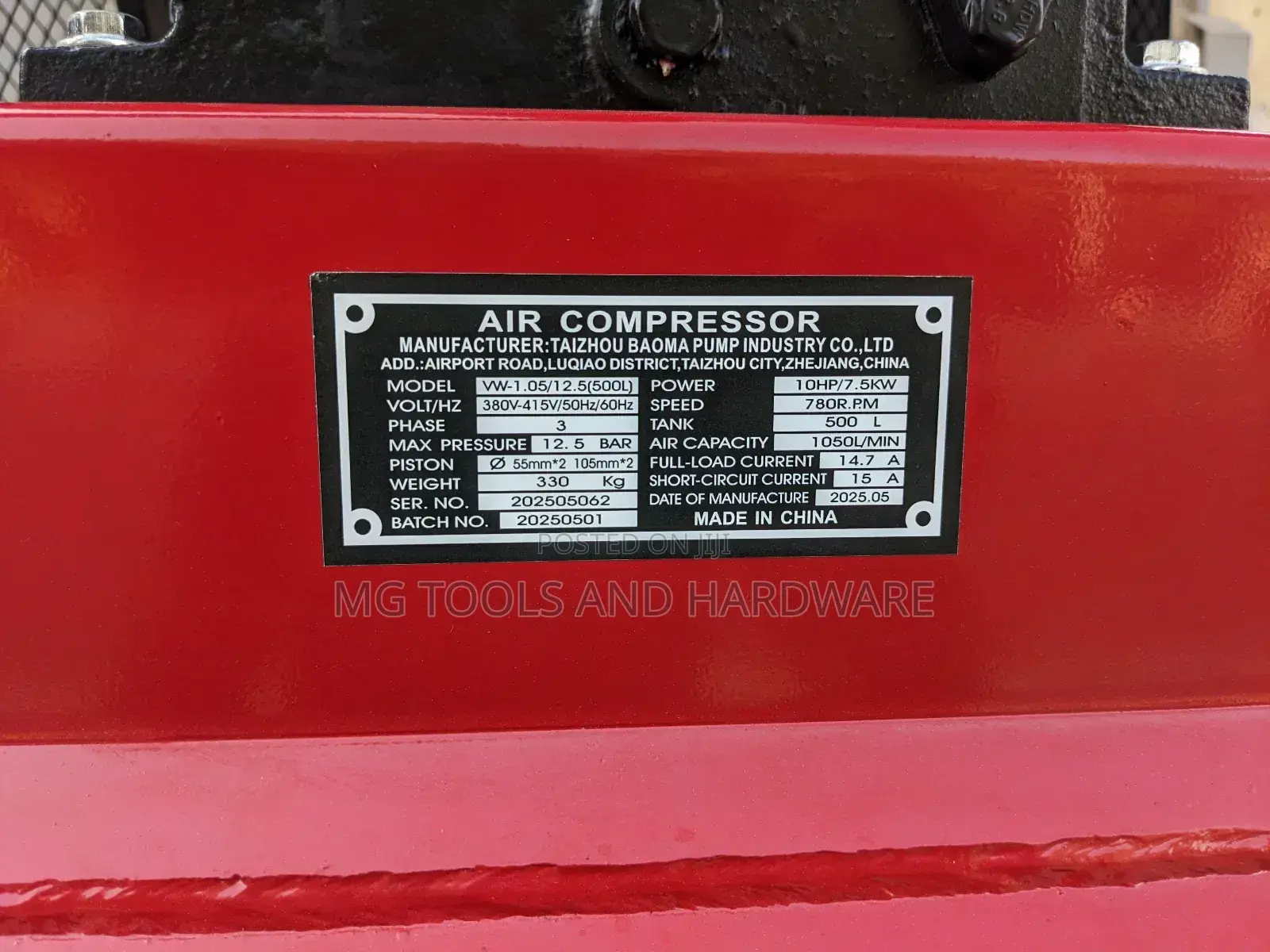 Mei Yi Air Compressor L 500 ,Volt 380 , Am 15.0.