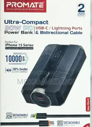 Promate Ultra-Compact 30w Pd|Usb-C / Lightning Ports Power Bank
