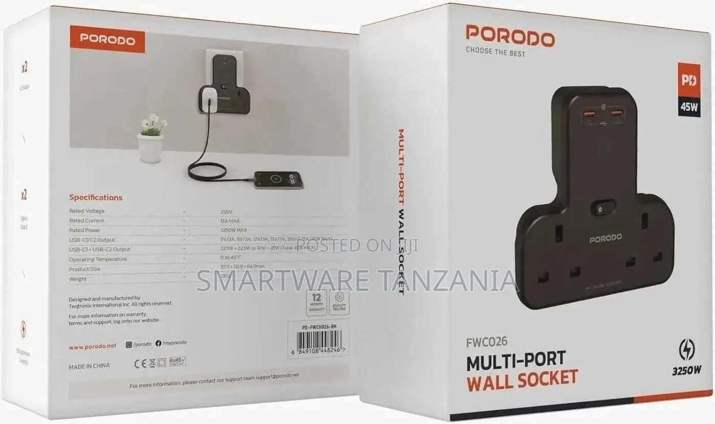 Porodo Multi-port Wall Socket - Black