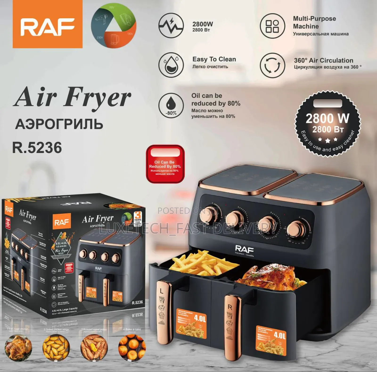 Raf Dual-Basket Air Fryer 8l R.5236