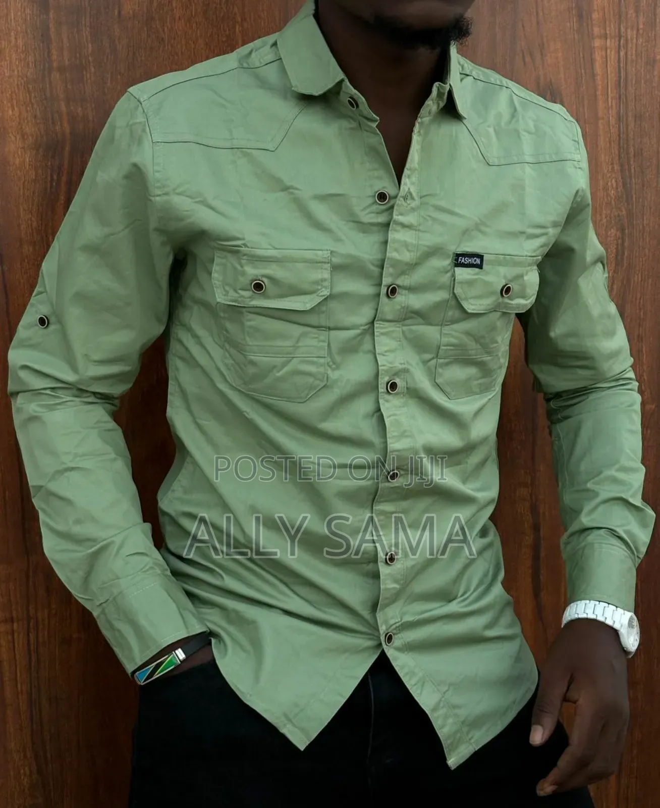 Mens Shirt Fashion Plain Double Pocket Material Cotton