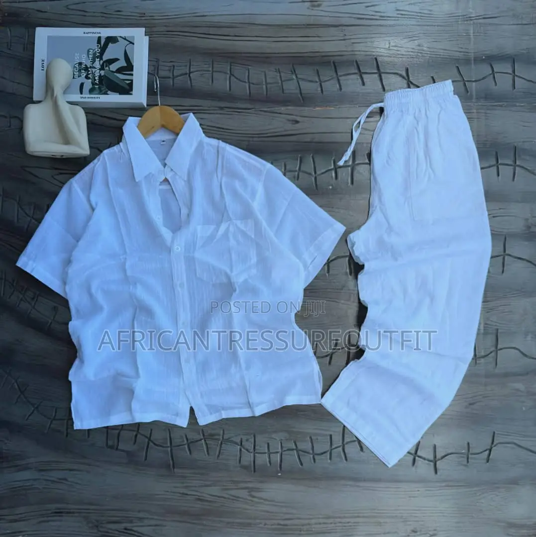 Linen Blend Outfit White Short Shirt Matching White Drawsting Pants