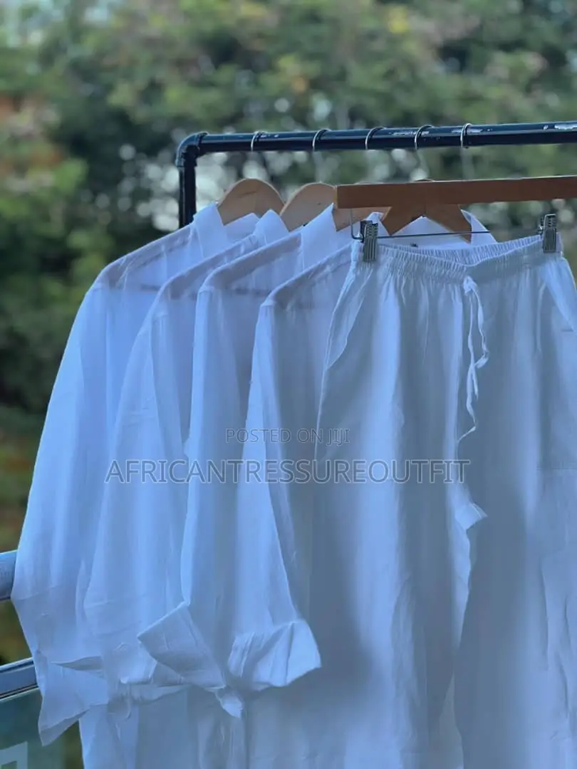 Linen Blend Outfit White Short Shirt Matching White Drawsting Pants