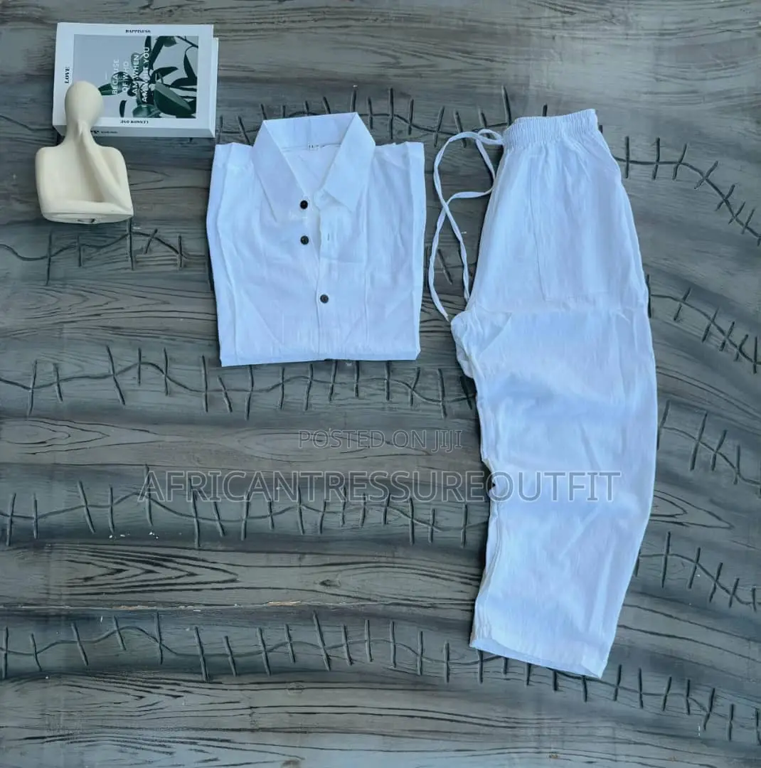 Linen Blend Outfit White Short Shirt Matching White Drawsting Pants