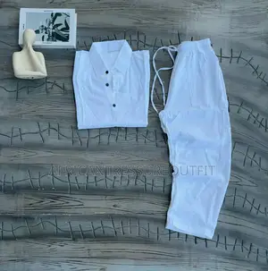 Linen Blend Outfit White Short Shirt Matching White Drawsting Pants