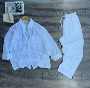 Linen Blend Outfit White Short Shirt Matching White Drawsting Pants