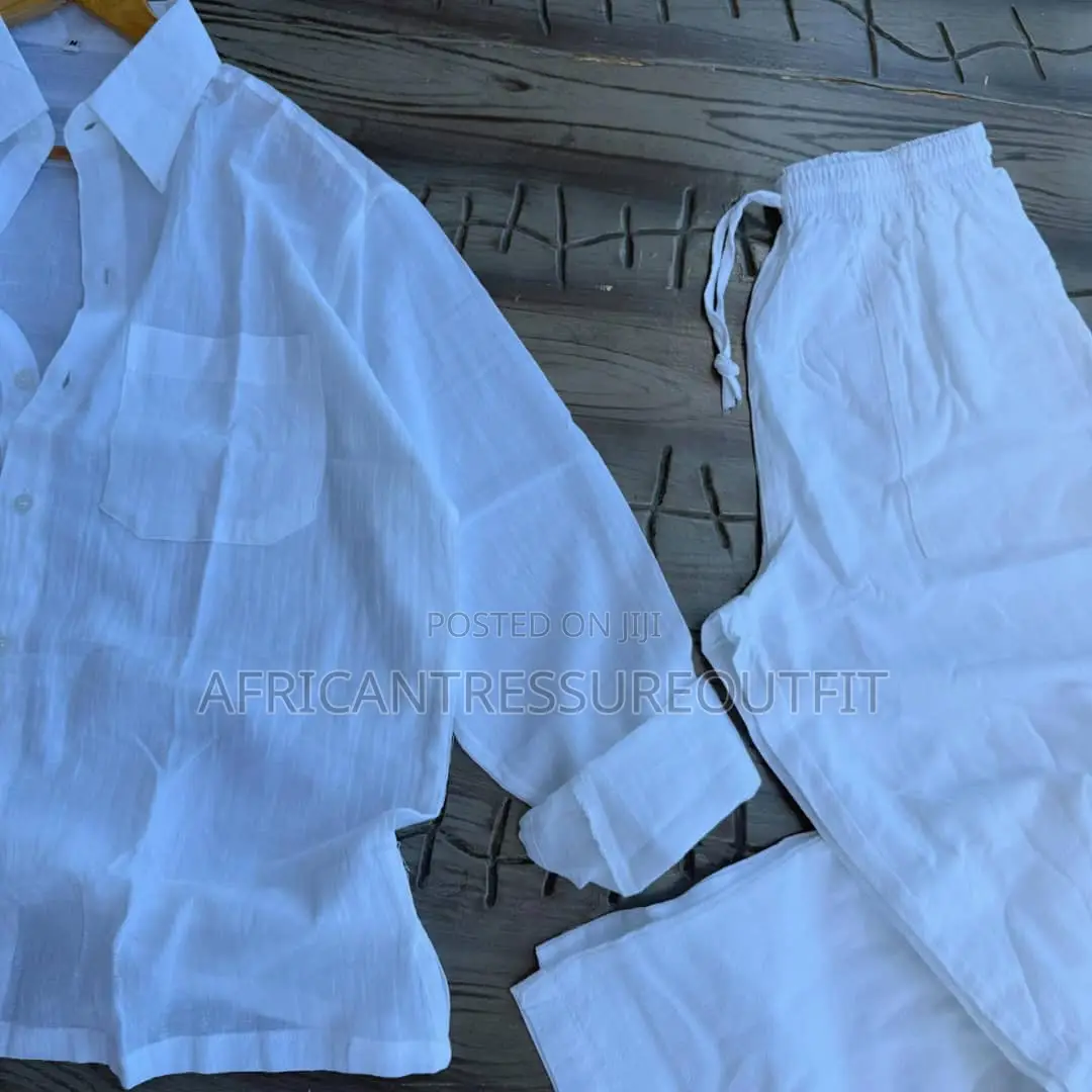 Linen Blend Outfit White Short Shirt Matching White Drawsting Pants