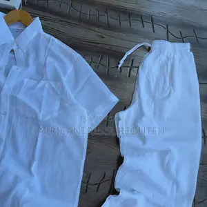 Linen Blend Outfit White Short Shirt Matching White Drawsting Pants