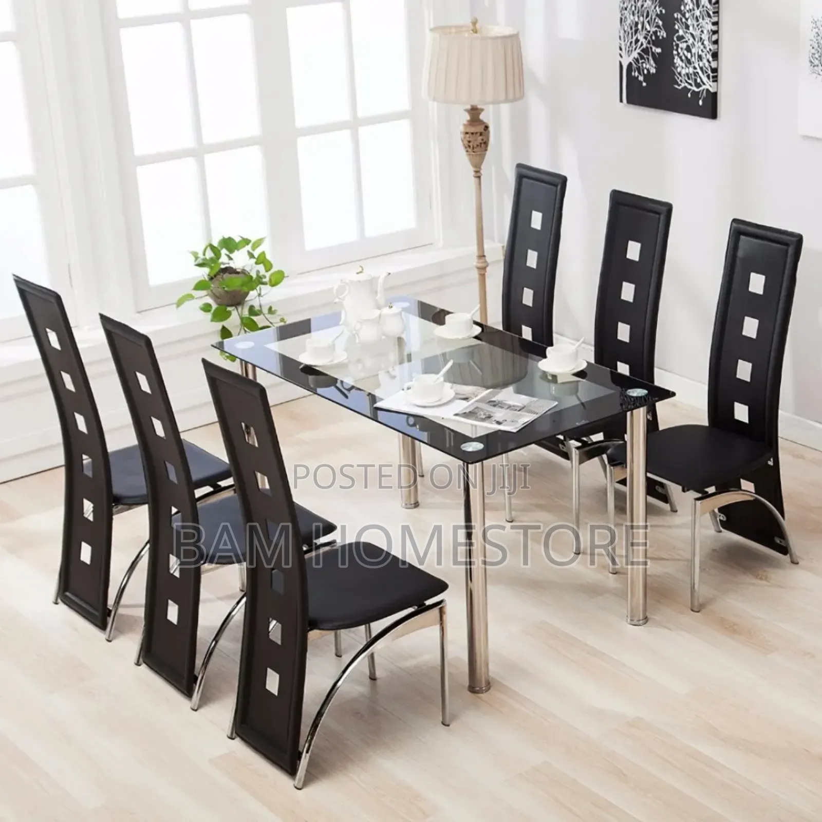 Contemporary 6-Seater Black Glass Dining Set With Designer Chairs