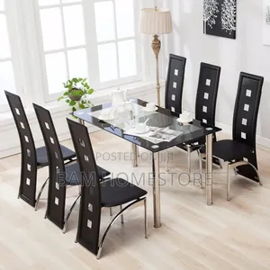 Contemporary 6-Seater Black Glass Dining Set With Designer Chairs