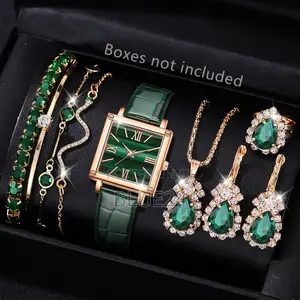 9pcs Green Women's Watch Set Fashion Trend Simple Rectangular Dial