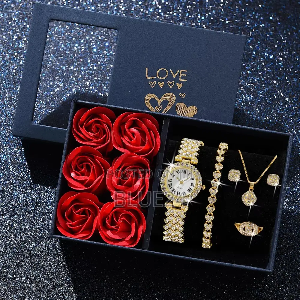Fashion Luxury Women Gold Watch Bracelet Necklace 6pcs Set Ladies