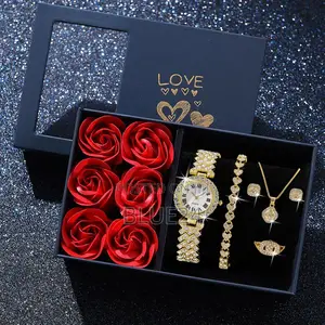 Fashion Luxury Women Gold Watch Bracelet Necklace 6pcs Set Ladies
