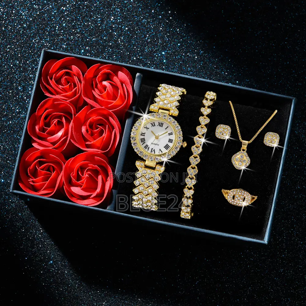 Fashion Luxury Women Gold Watch Bracelet Necklace 6pcs Set Ladies