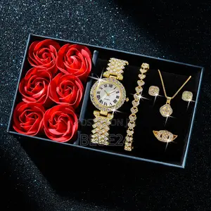 Fashion Luxury Women Gold Watch Bracelet Necklace 6pcs Set Ladies