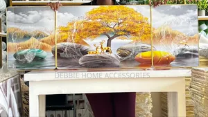 Three-Panel Crystal Wall Acrylic Painting of a Golden Tree and Deer I