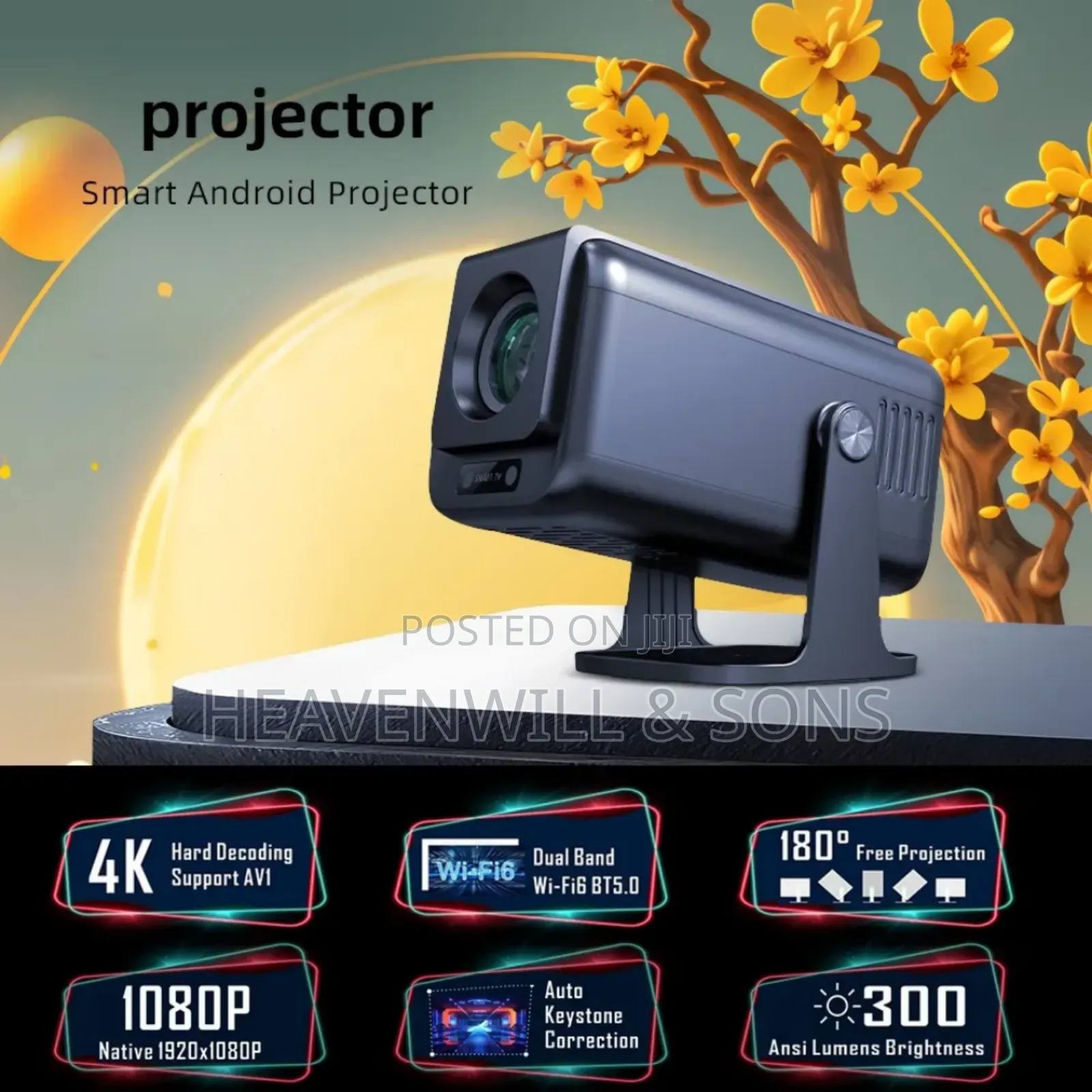 Outdoor Smart Android 13 Projector 300 Ansi Wi-Fi Bluetooth