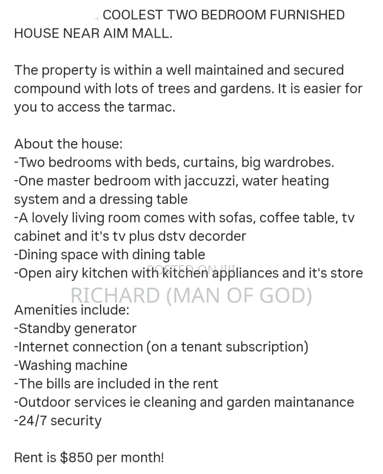 Furnished 2bdrm House in Arusha for rent