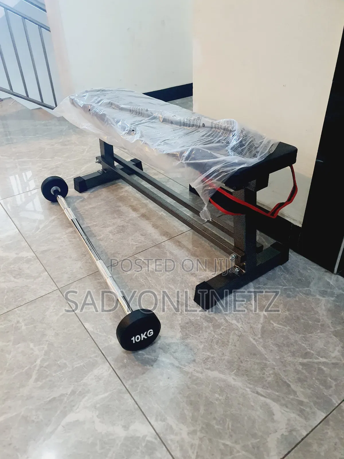 Flat Bench With 10kg Fixed Rubber Barbell