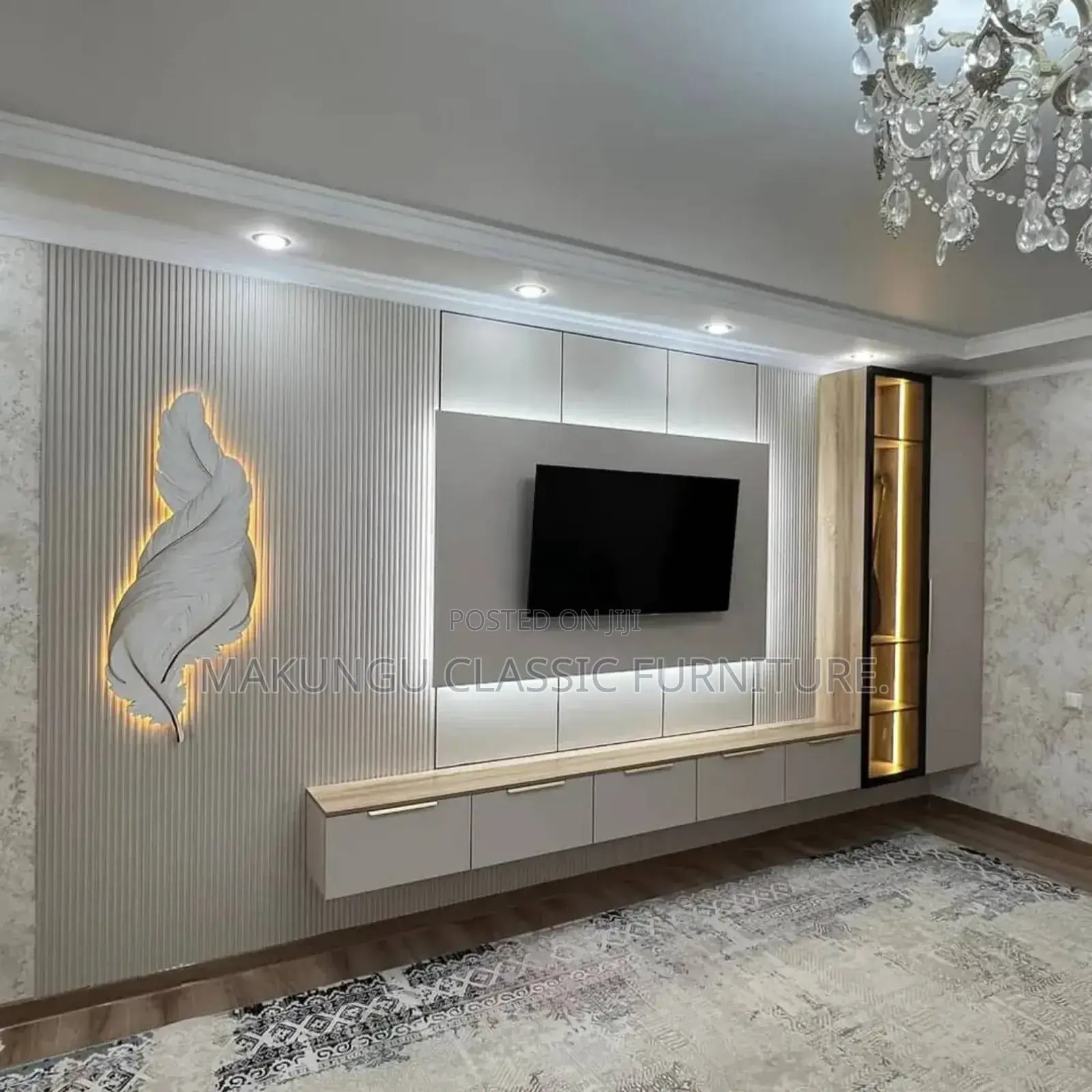 Tv Showcase and Wall Unit Installation With Mirror Light Idea