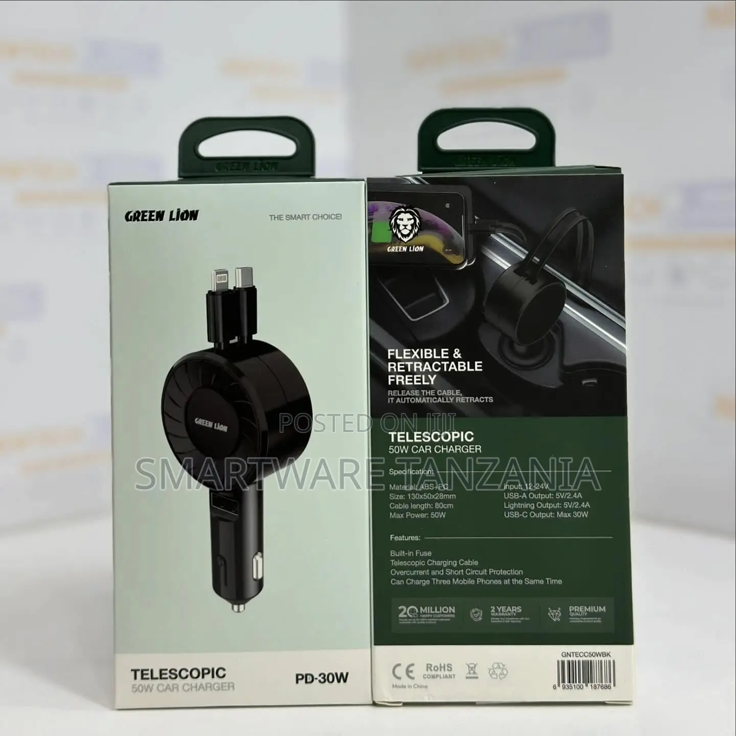 Green Lion Telescopic 50w Car Charger - Black