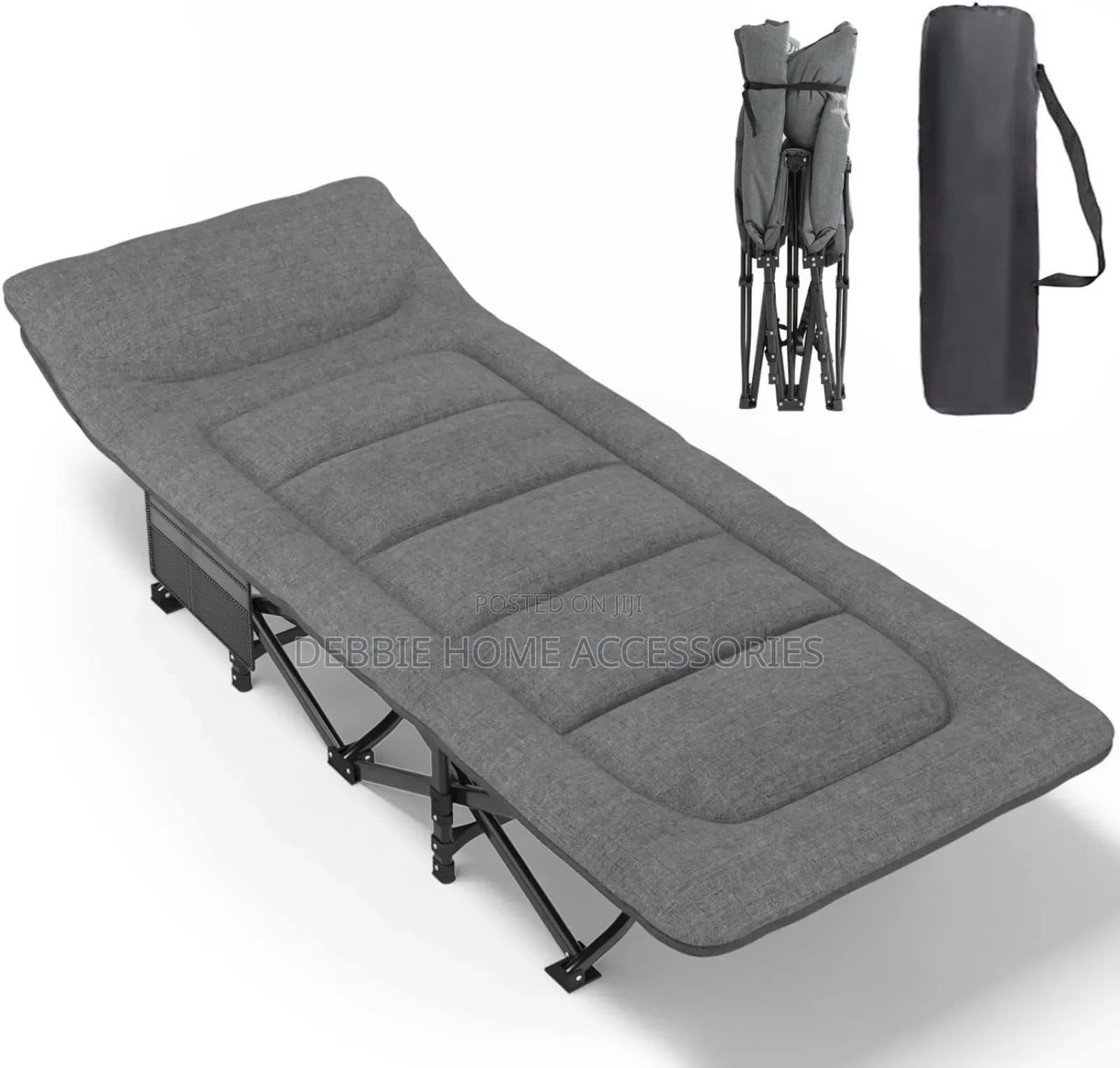 Portable Camping Cot With an Integrated Cushion and Pillow.