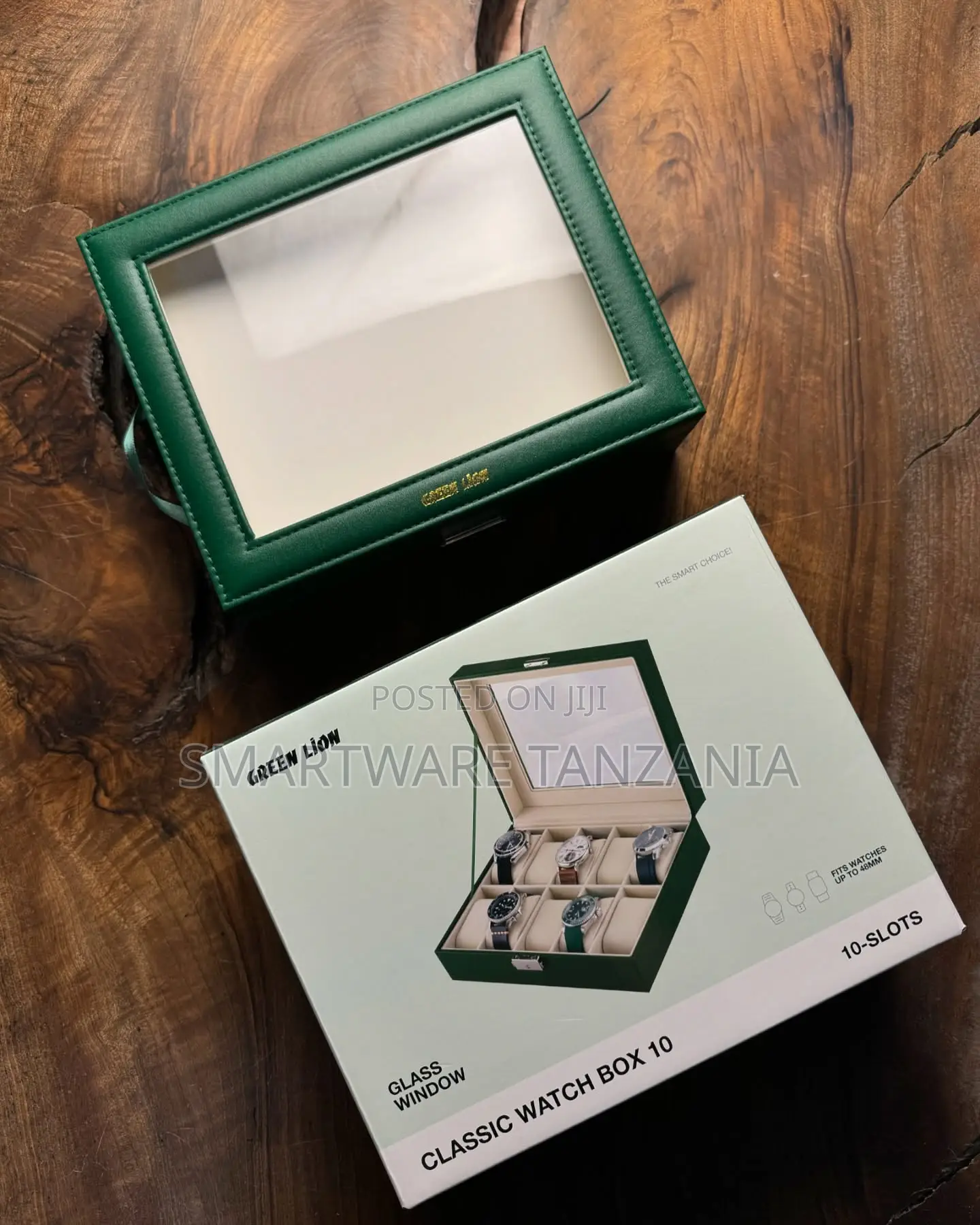 Elegant 10-Slot Watch Storage Case, Green Pu Leather Glass
