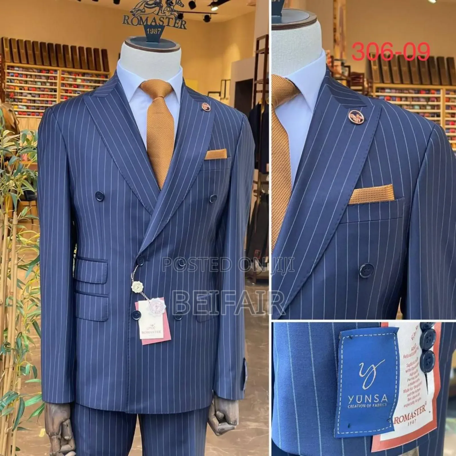 Dark Blue White Strips Six Buttons Suit