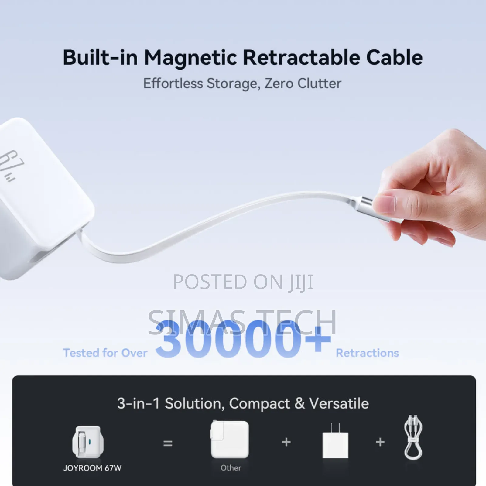 Jr-Tcl06 67w Gan Charger With Retractable Cable /Eu/Uk-White