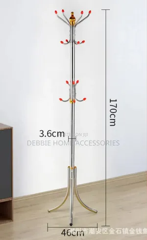 Freestanding Stainless Steel Coat Rack With Multiple Hooks.