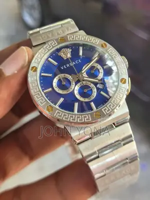 Versace Men's Greca Logo Chronograph Watch Silver With a Blue Dial