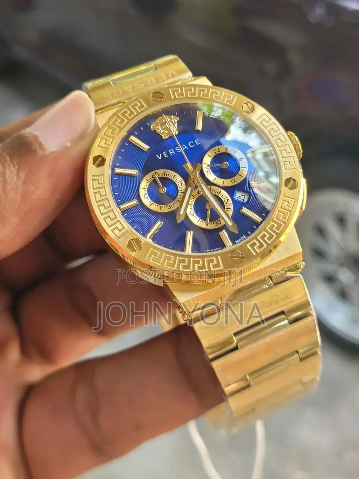 Versace Greca Chronograph Watch With a Gold-Colored and a Blue Dial