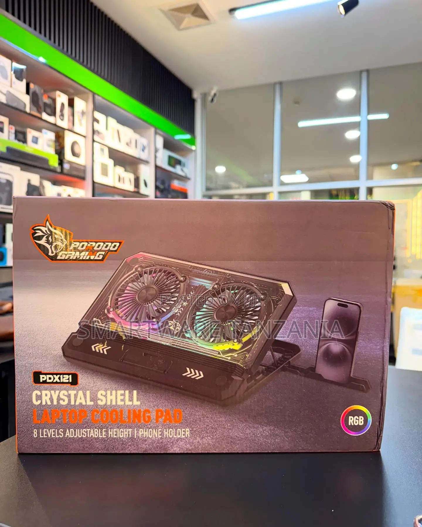 Porodo Crystal Shell Laptop Cooling Pad RGB Led Dual Fan Phone Holder ...