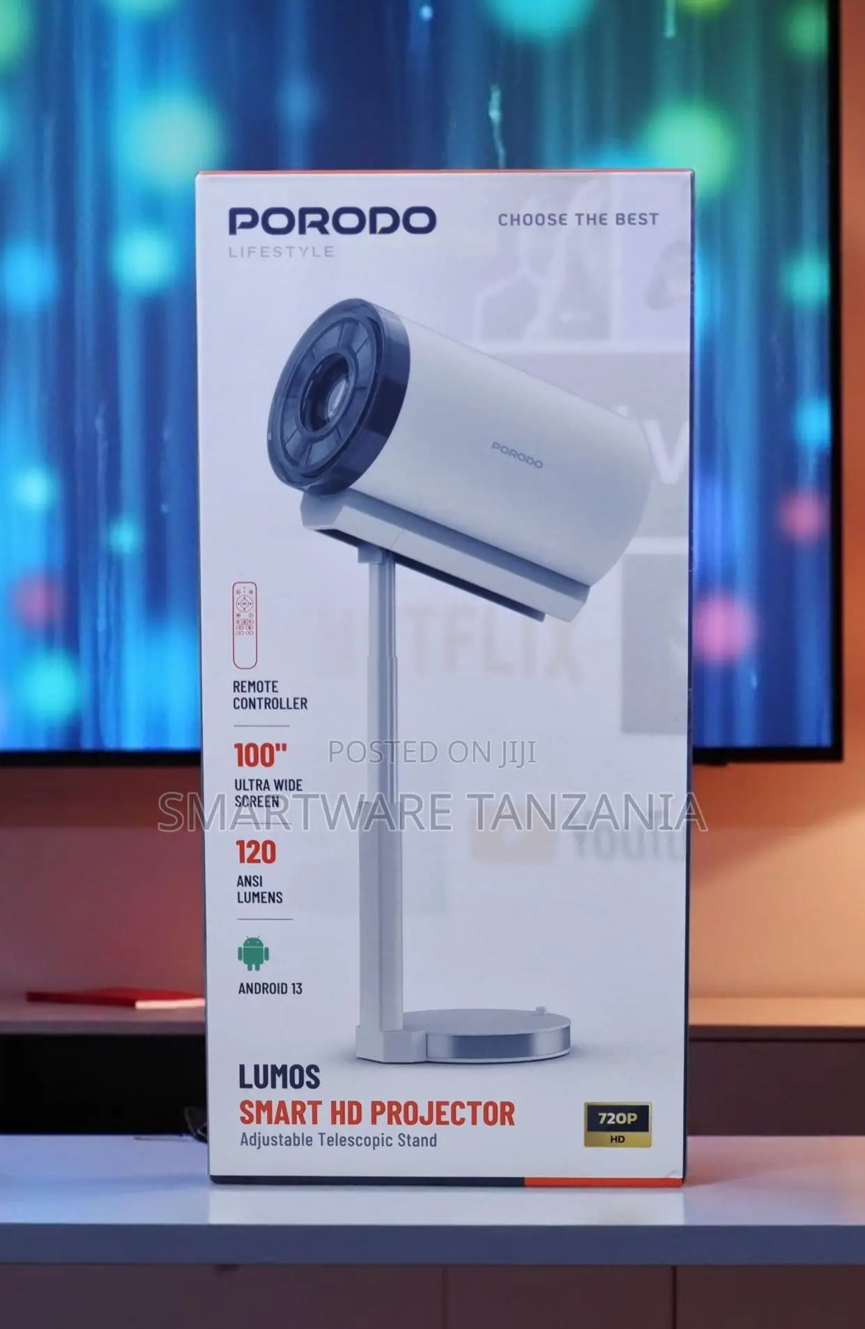 Porodo Lumio Smart FHD Projector, Adjustable Stand, 180 Ansi Lumens,
