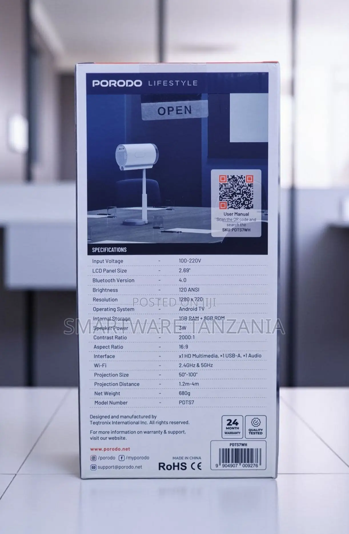 Porodo Lumio Smart FHD Projector, Adjustable Stand, 180 Ansi Lumens,
