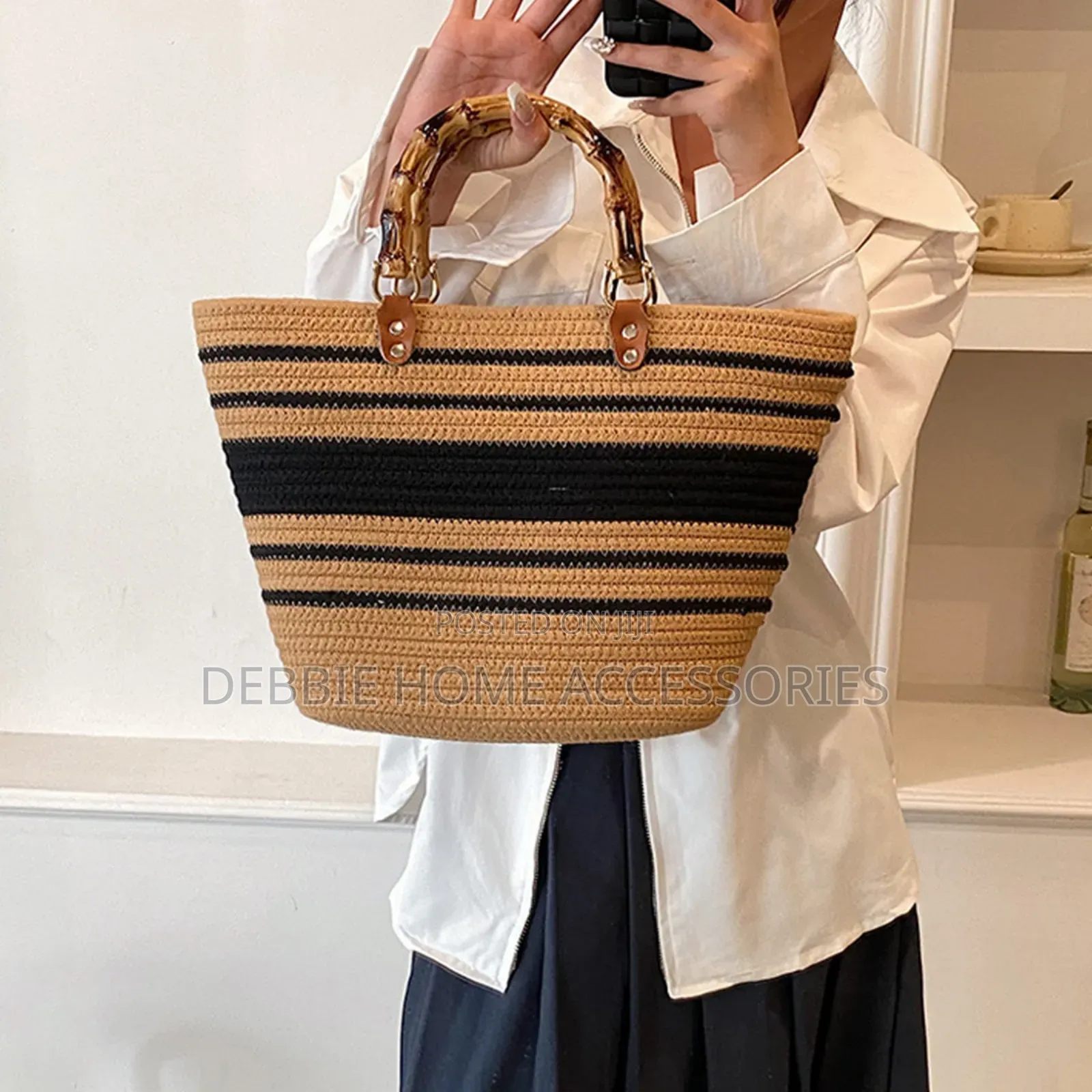 Vikapu Size 39*27cm/Striped Woven Straw Tote Bag With Bamboo Handles.