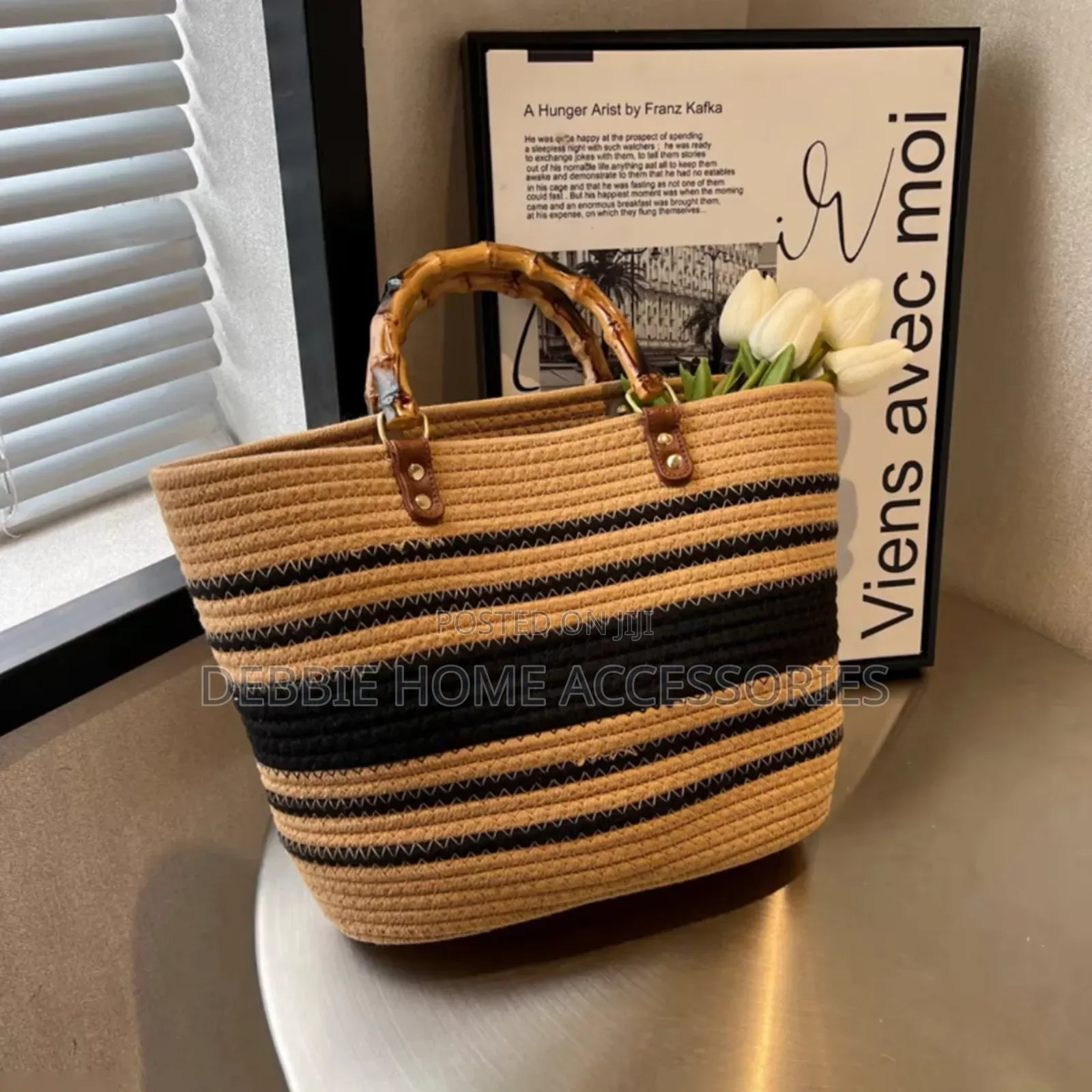 Vikapu Size 39*27cm/Striped Woven Straw Tote Bag With Bamboo Handles.